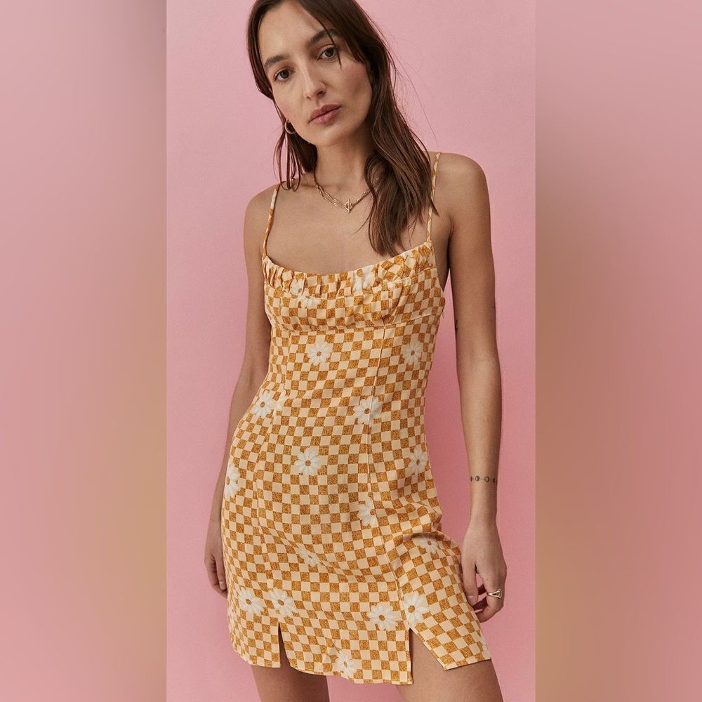 UO XS Lumi Daisy Gold Beige Check Print Spaghetti Strap Mini Bodycon Dress